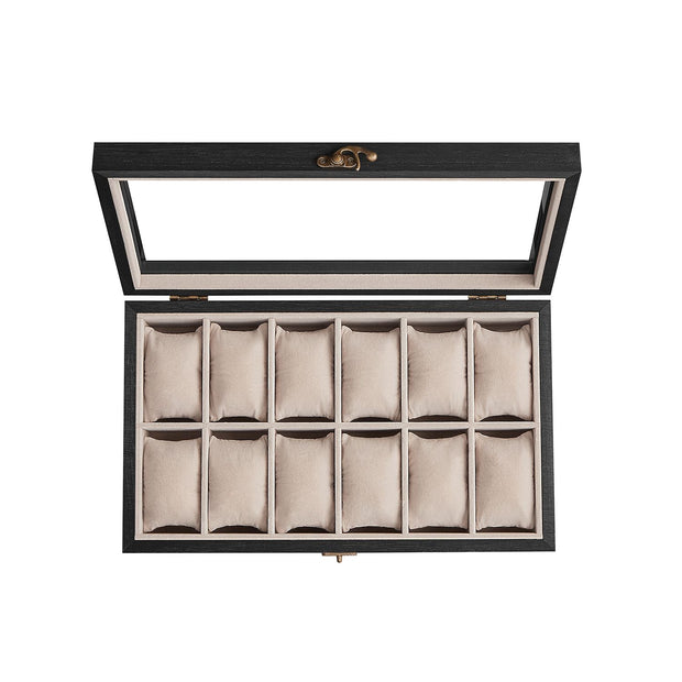12-Slot Solid Wood Watch Box – Ebony Black – Large Glass Lid and Removable Pillows