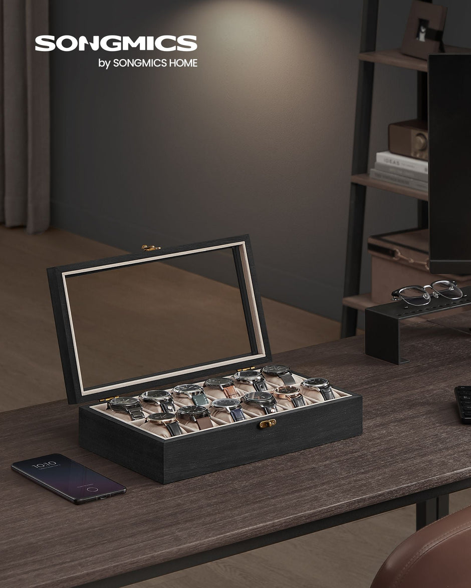 12-Slot Solid Wood Watch Box – Ebony Black – Large Glass Lid and Removable Pillows