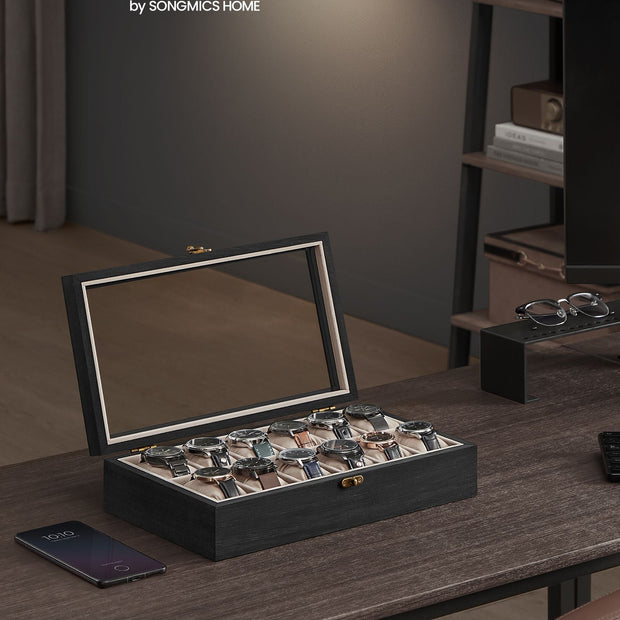 12-Slot Solid Wood Watch Box – Ebony Black – Large Glass Lid and Removable Pillows