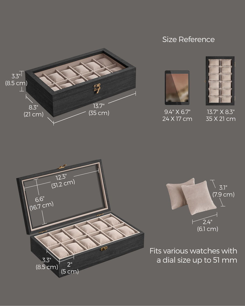 12-Slot Solid Wood Watch Box – Ebony Black – Large Glass Lid and Removable Pillows