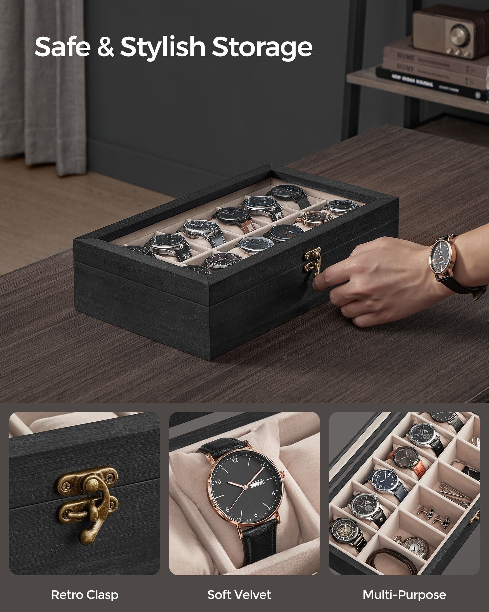 12-Slot Solid Wood Watch Box – Ebony Black – Large Glass Lid and Removable Pillows