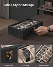 12-Slot Solid Wood Watch Box – Ebony Black – Large Glass Lid and Removable Pillows