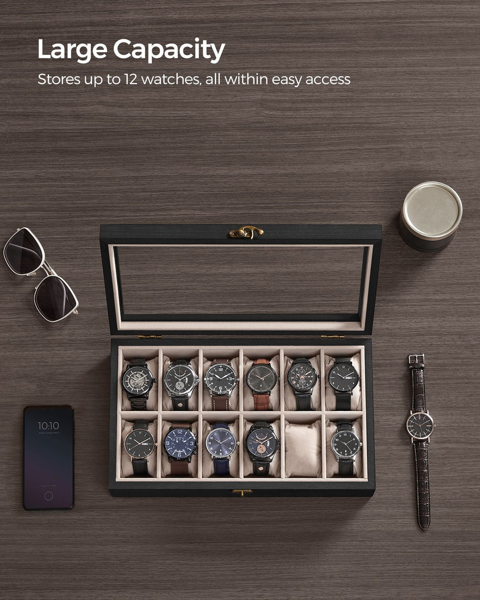 12-Slot Solid Wood Watch Box – Ebony Black – Large Glass Lid and Removable Pillows