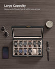 12-Slot Solid Wood Watch Box – Ebony Black – Large Glass Lid and Removable Pillows