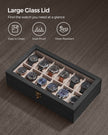 12-Slot Solid Wood Watch Box – Ebony Black – Large Glass Lid and Removable Pillows