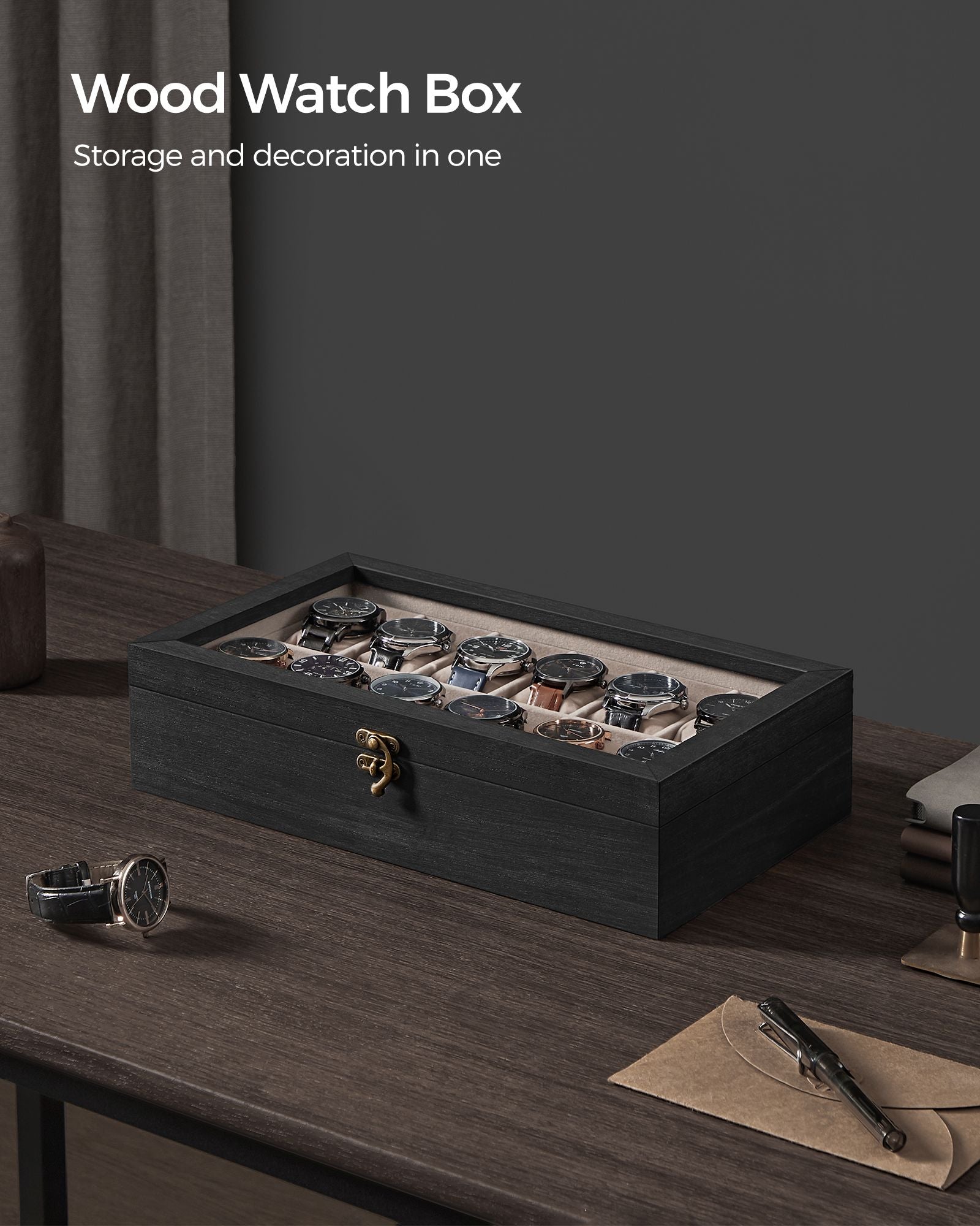 12-Slot Solid Wood Watch Box – Ebony Black – Large Glass Lid and Removable Pillows