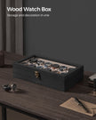 12-Slot Solid Wood Watch Box – Ebony Black – Large Glass Lid and Removable Pillows