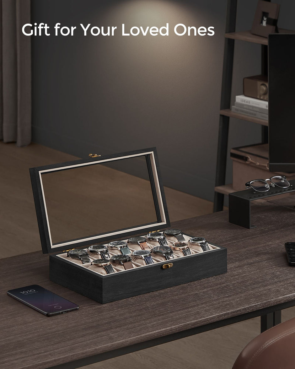 12-Slot Solid Wood Watch Box – Ebony Black – Large Glass Lid and Removable Pillows