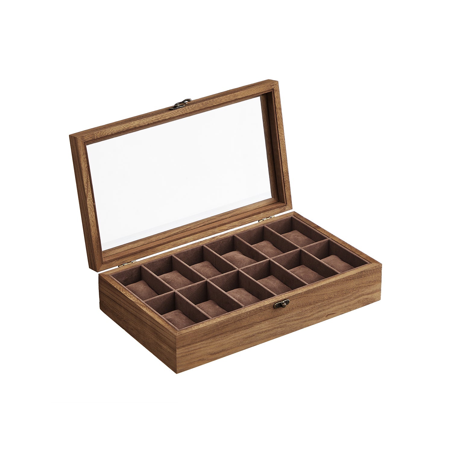 Watch Box – Solid Wood – Rustic Walnut – 12 Slots with Glass Lid