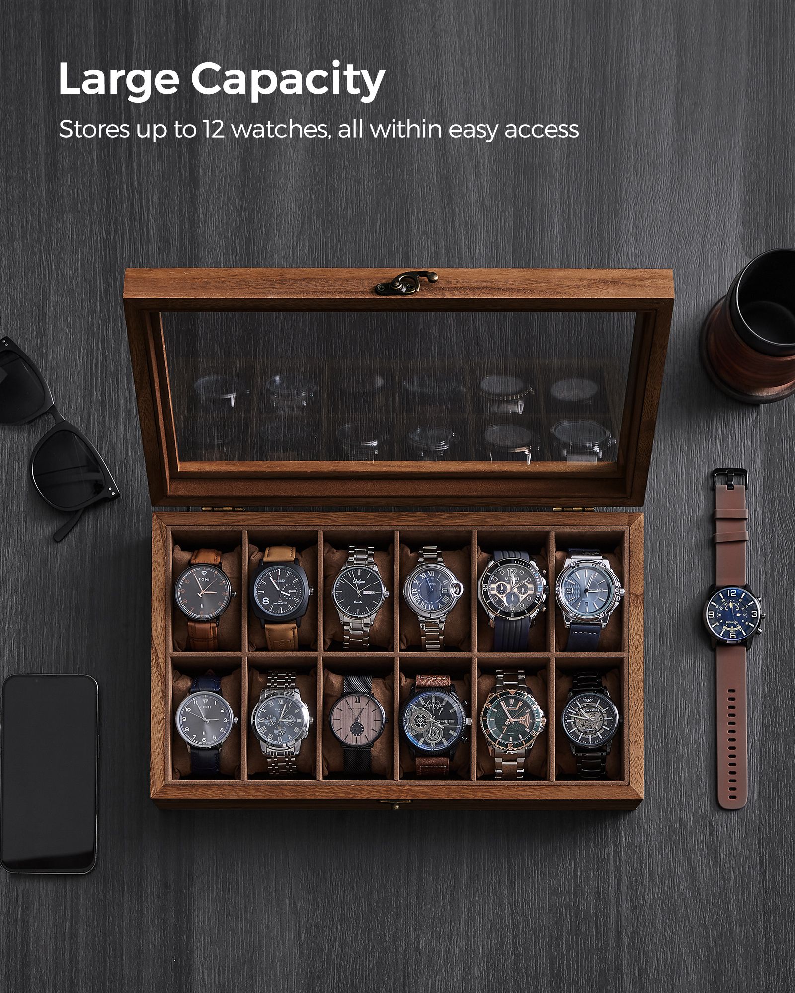 Watch Box – Solid Wood – Rustic Walnut – 12 Slots with Glass Lid