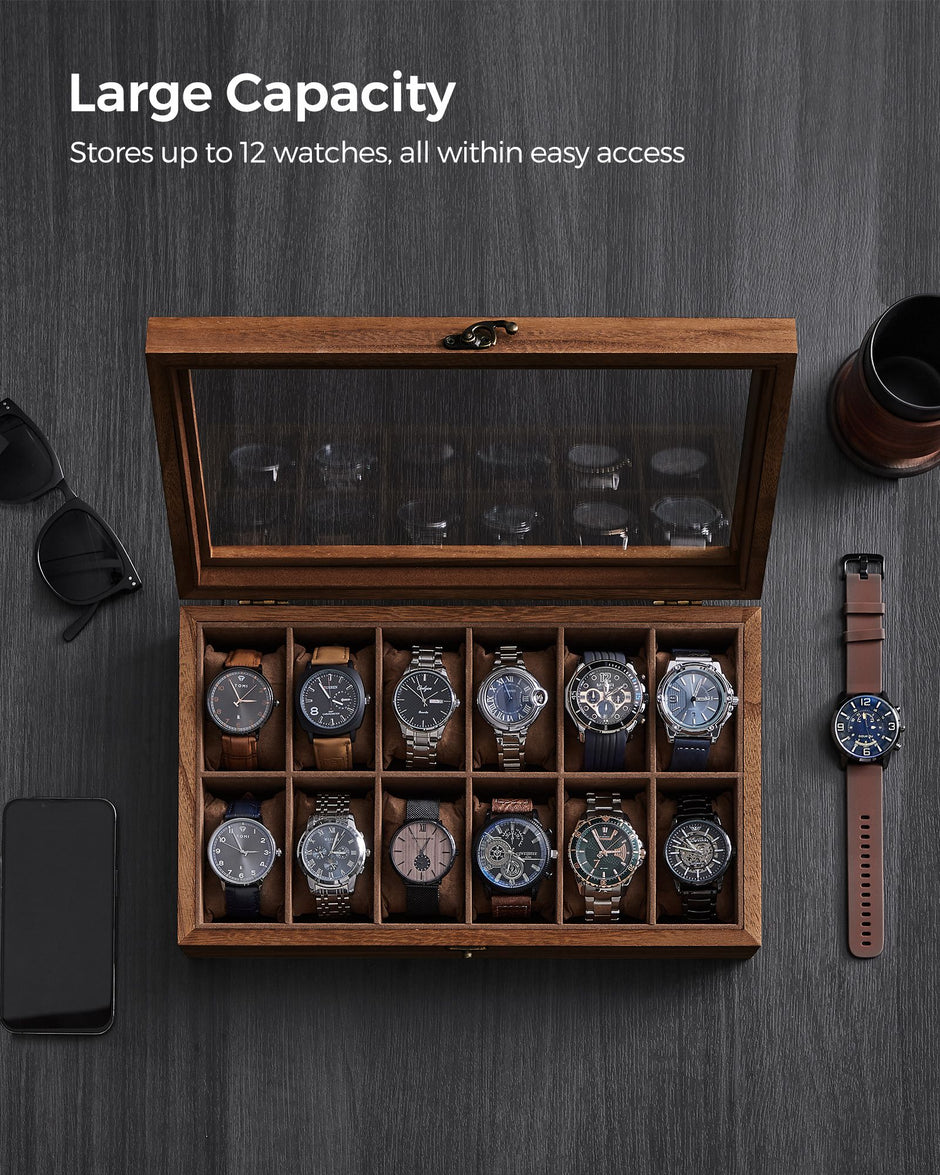 Watch Box – Solid Wood – Rustic Walnut – 12 Slots with Glass Lid