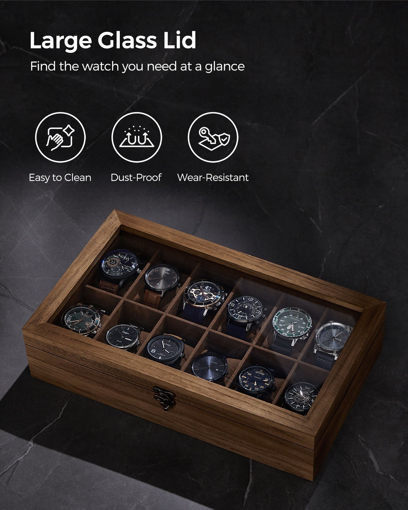 Watch Box – Solid Wood – Rustic Walnut – 12 Slots with Glass Lid