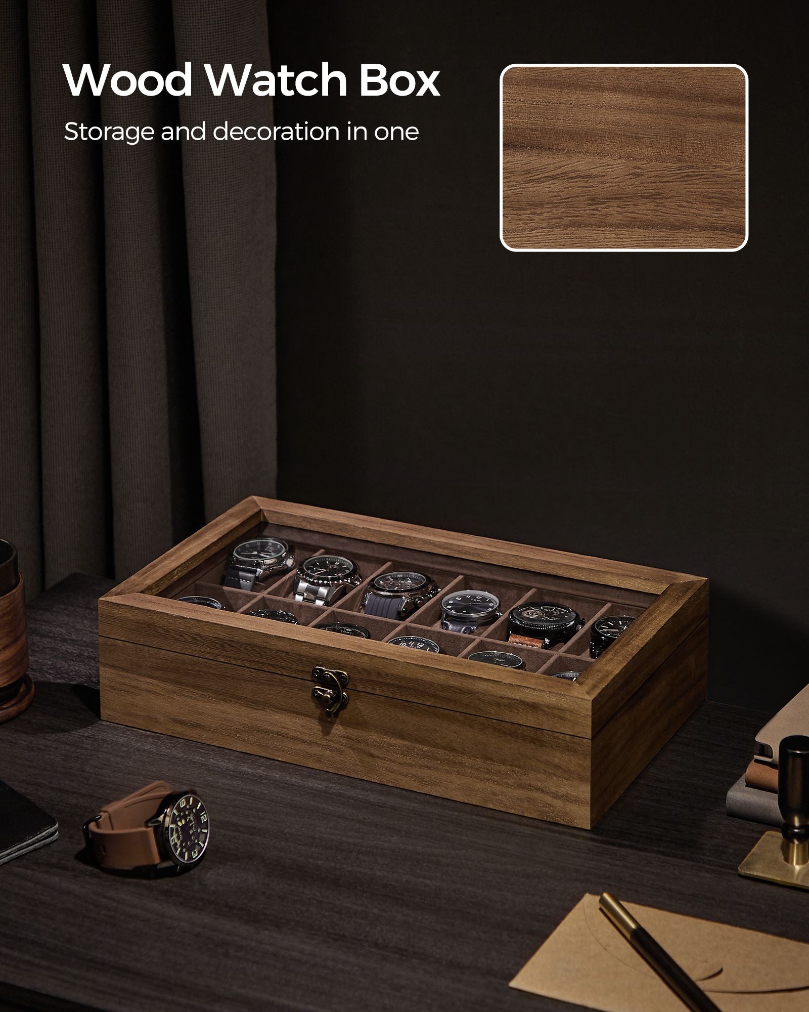 Watch Box – Solid Wood – Rustic Walnut – 12 Slots with Glass Lid