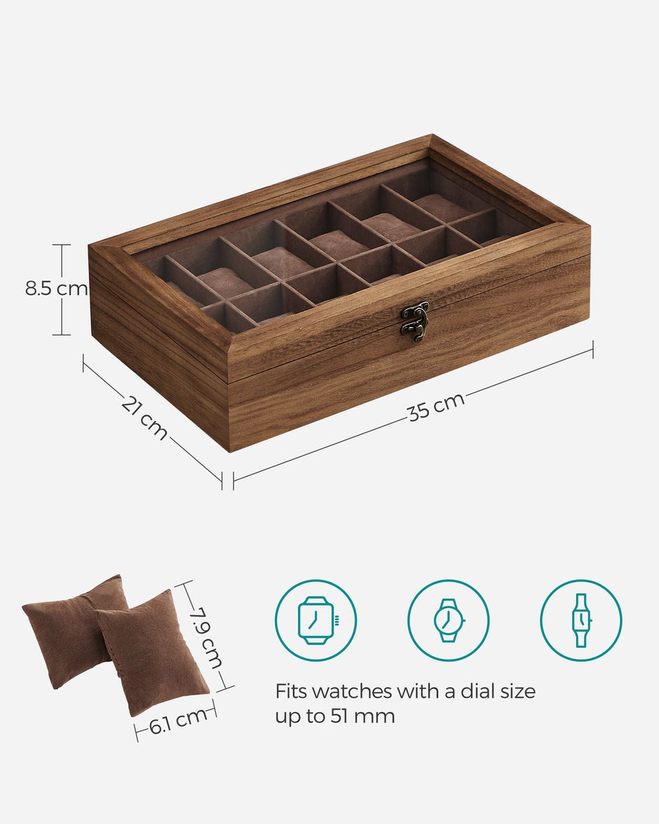 Watch Box – Solid Wood – Rustic Walnut – 12 Slots with Glass Lid