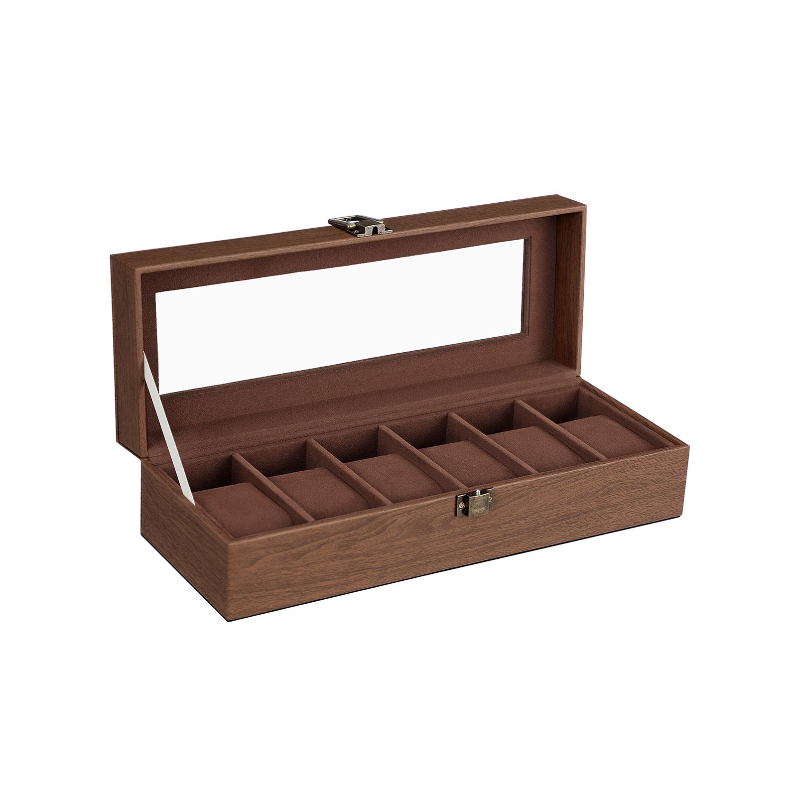 Watch Box – Velvet – Black – 6 Slots with Glass Lid and Lock