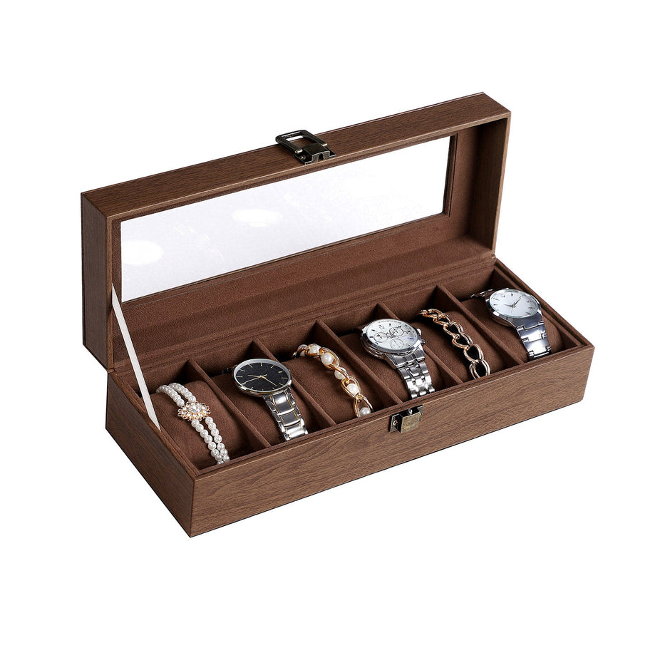 Watch Box – Velvet – Black – 6 Slots with Glass Lid and Lock