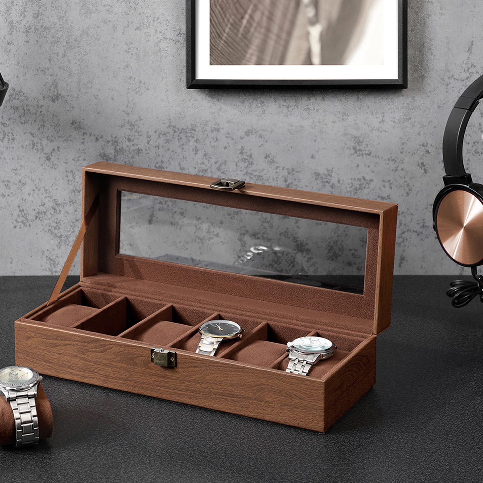 Watch Box – Velvet – Black – 6 Slots with Glass Lid and Lock