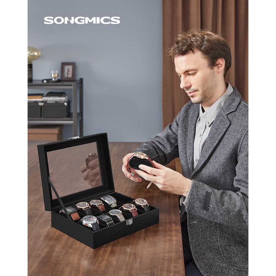 Watch Box – Glass – Clear – 10 Slots with Lockable Lid