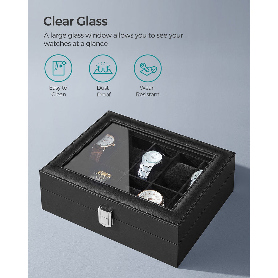 Watch Box – Glass – Clear – 10 Slots with Lockable Lid