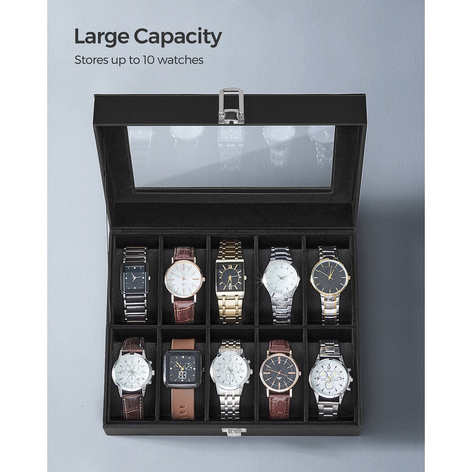 Watch Box – Glass – Clear – 10 Slots with Lockable Lid