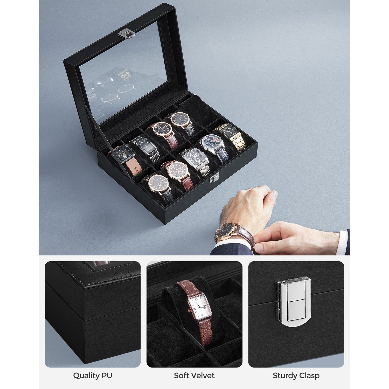 Watch Box – Glass – Clear – 10 Slots with Lockable Lid