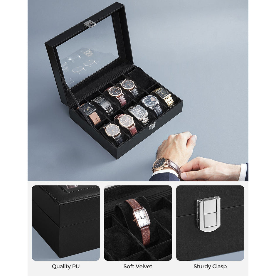 Watch Box – Glass – Clear – 10 Slots with Lockable Lid