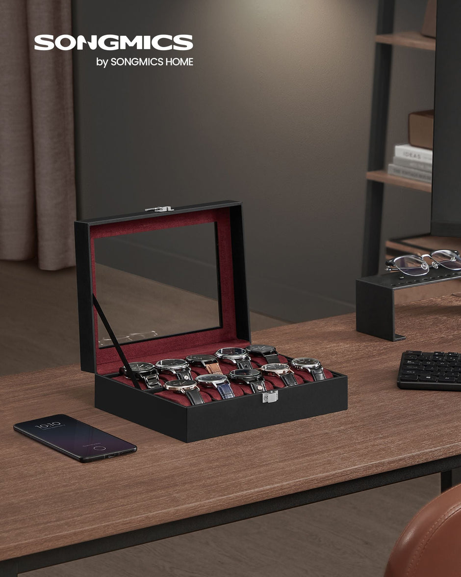 Watch Box – Glass – Clear – 10 Slots with Lockable Lid