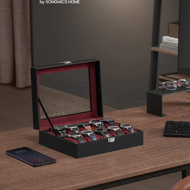 Watch Box – Glass – Clear – 10 Slots with Lockable Lid