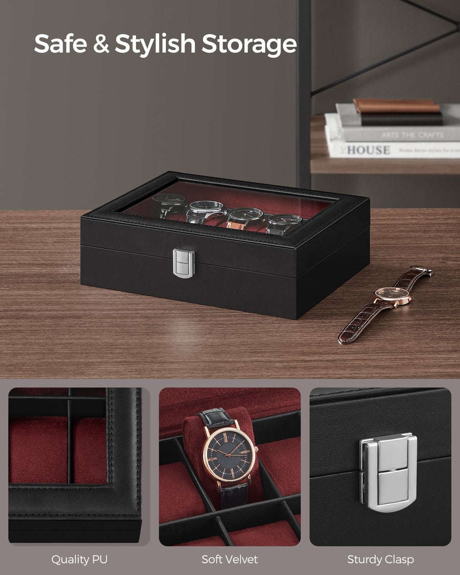 Watch Box – Glass – Clear – 10 Slots with Lockable Lid