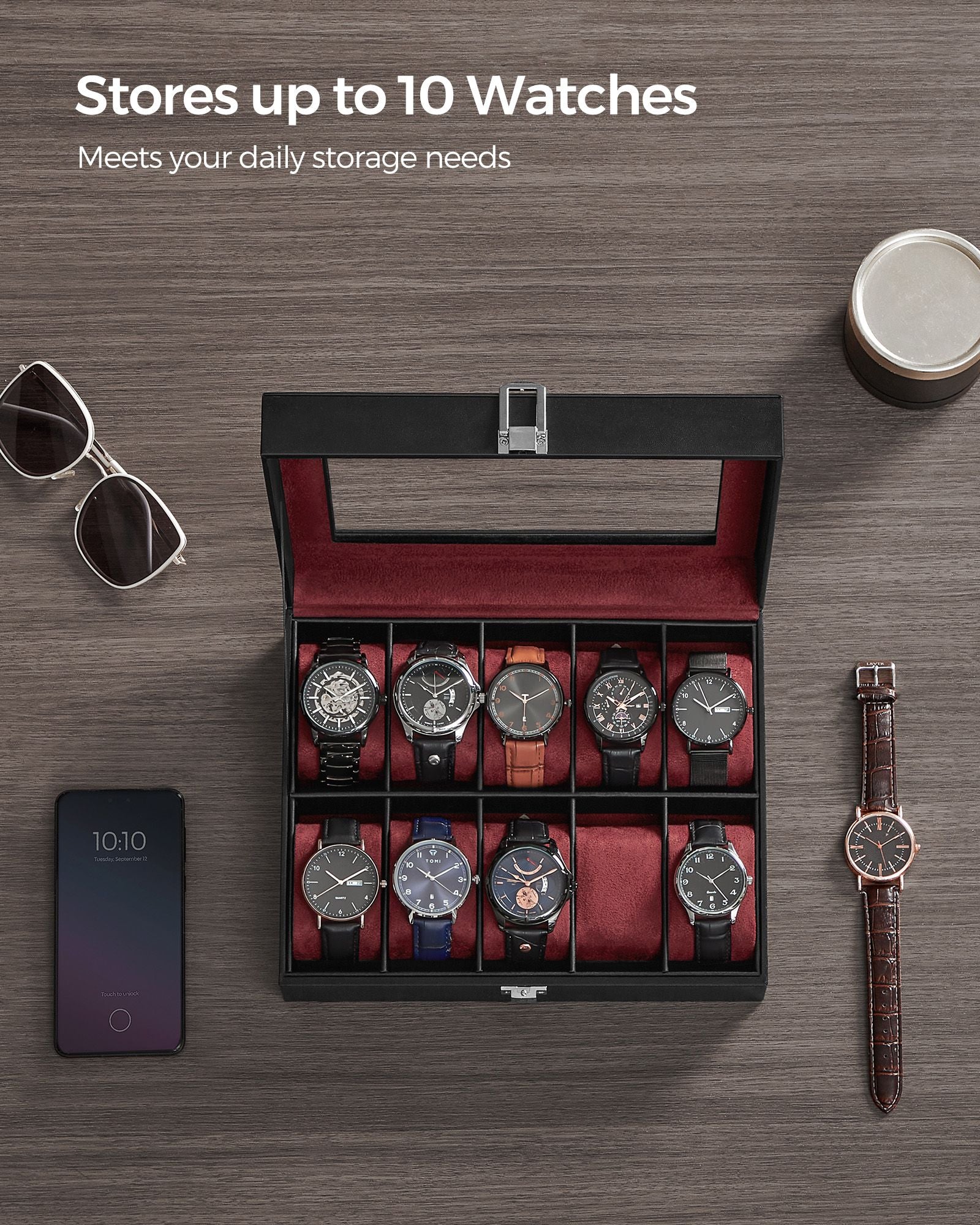 Watch Box – Glass – Clear – 10 Slots with Lockable Lid