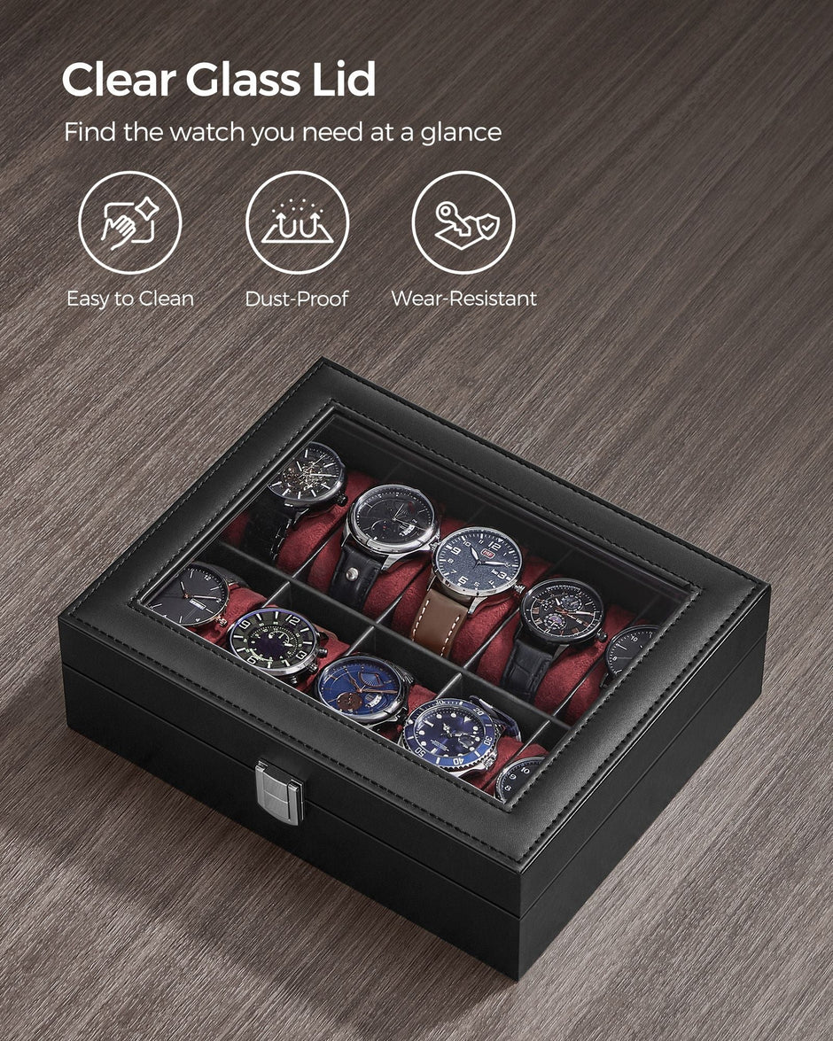 Watch Box – Glass – Clear – 10 Slots with Lockable Lid