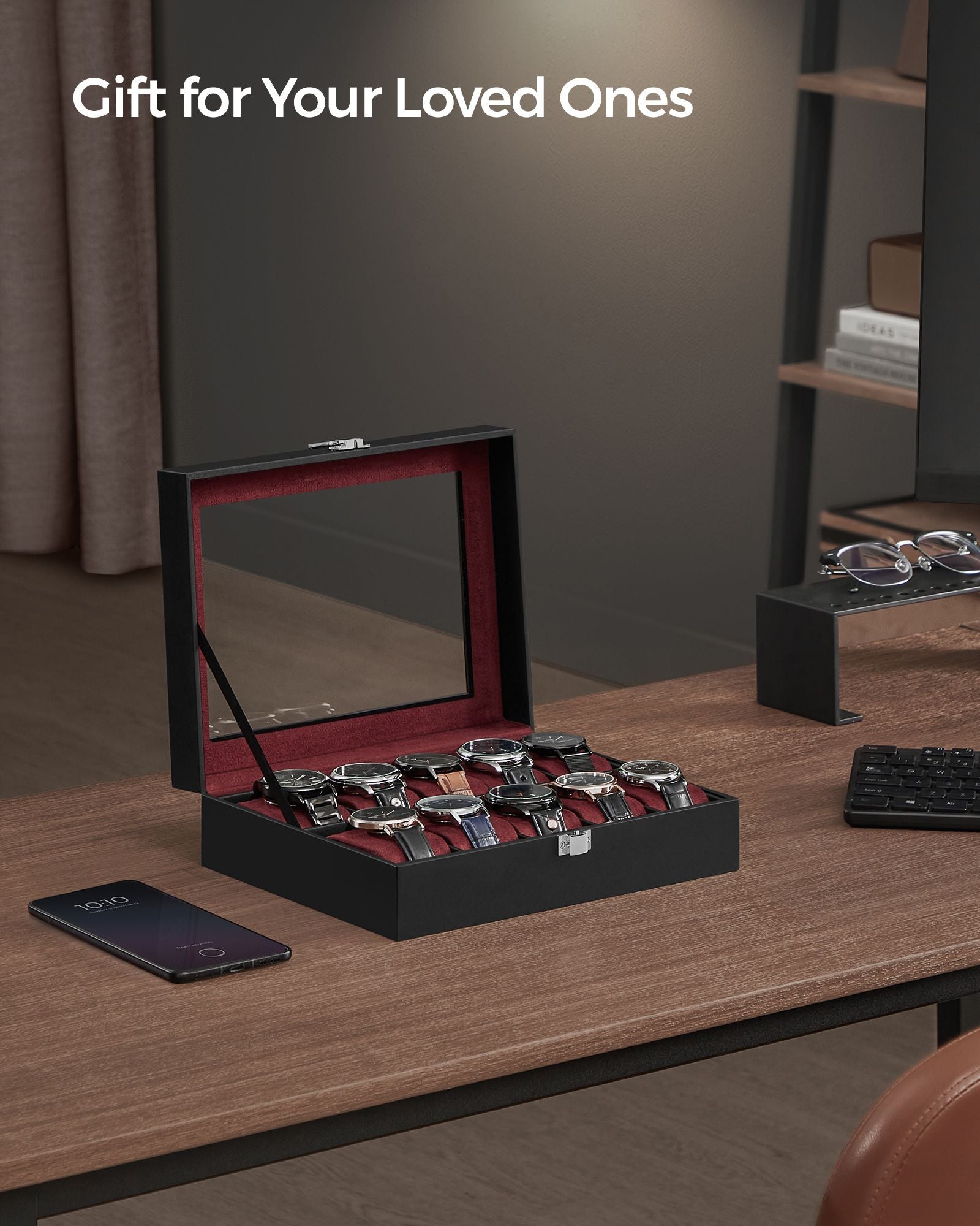 Watch Box – Glass – Clear – 10 Slots with Lockable Lid