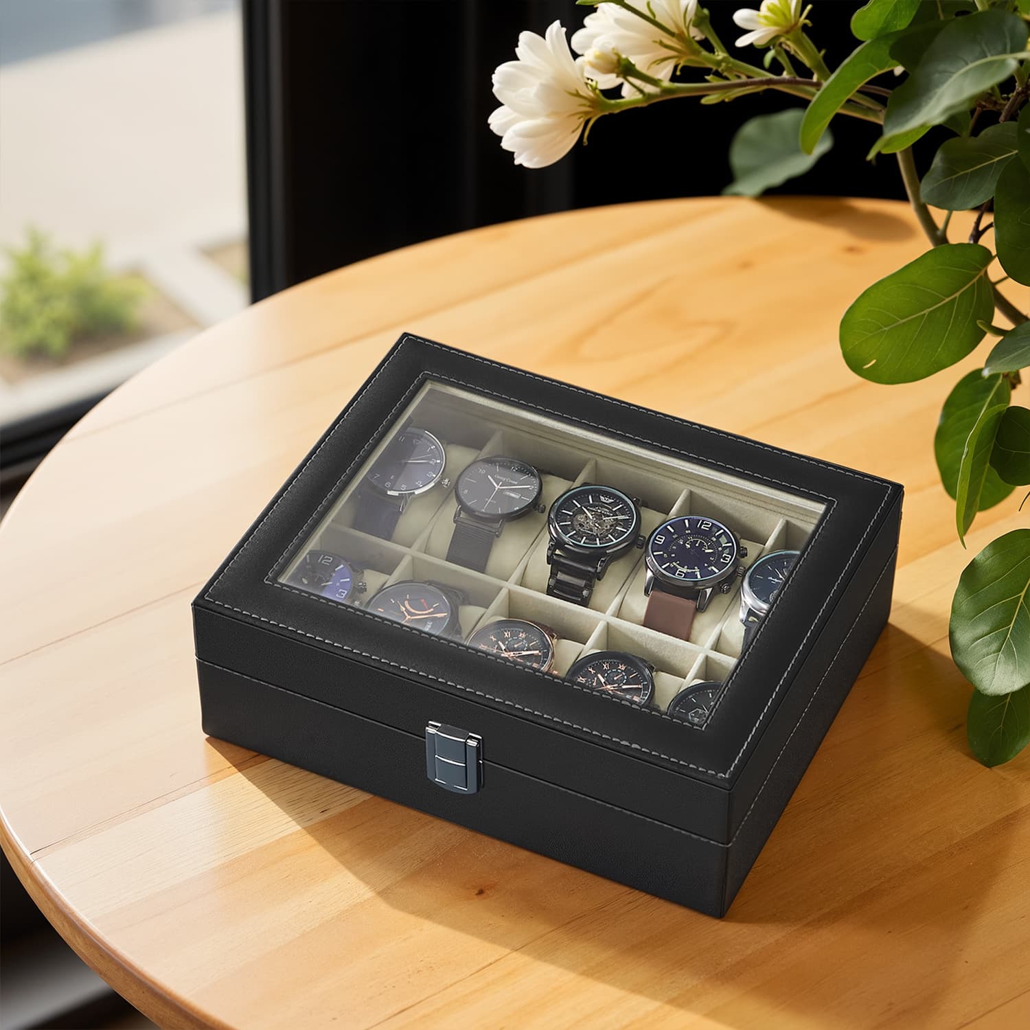 Watch Box Organizer – MDF and Glass – Black – 10-Slot with Removable Pillows and Lockable Design