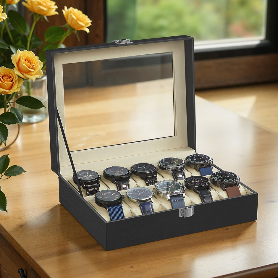 Watch Box Organizer – MDF and Glass – Black – 10-Slot with Removable Pillows and Lockable Design