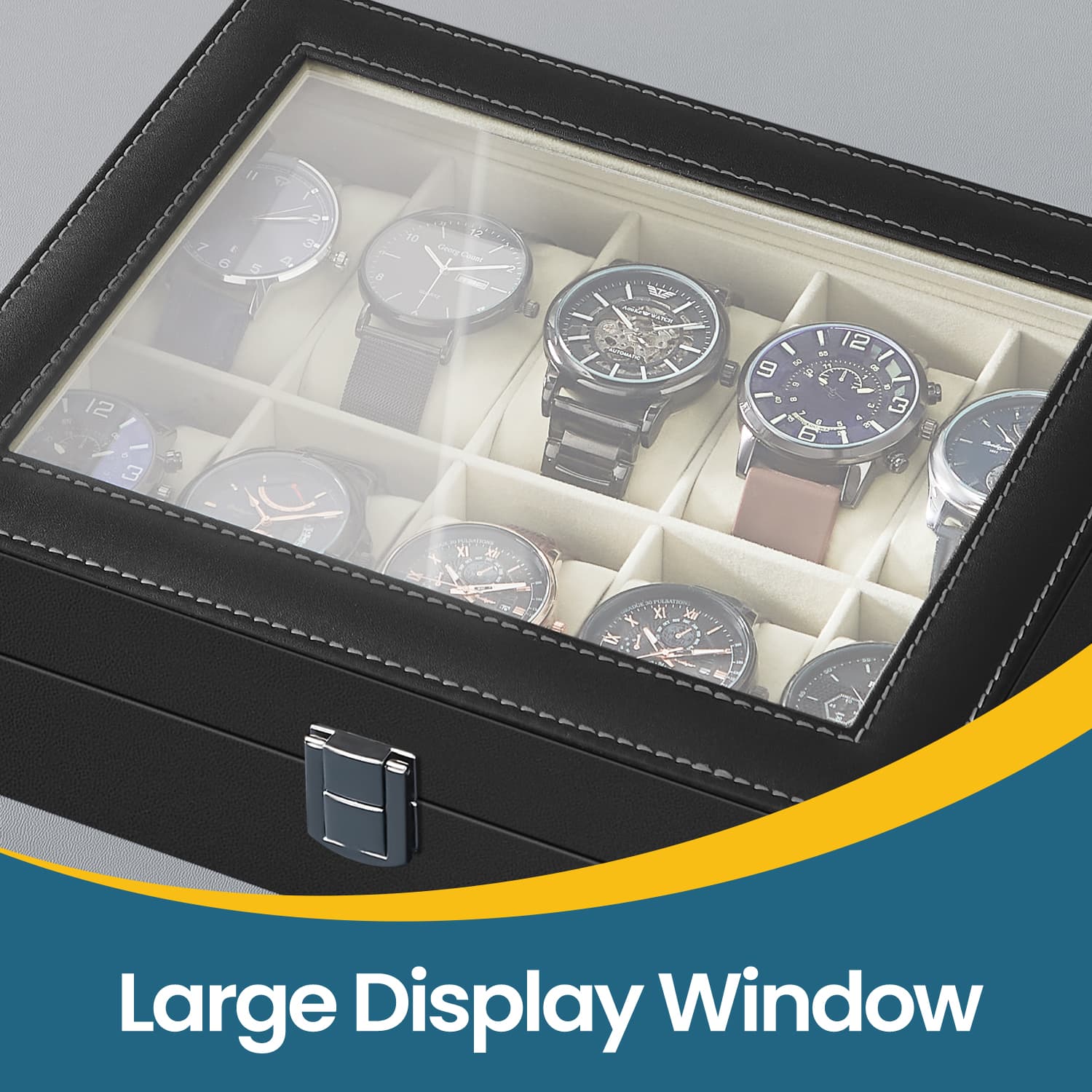 Watch Box Organizer – MDF and Glass – Black – 10-Slot with Removable Pillows and Lockable Design