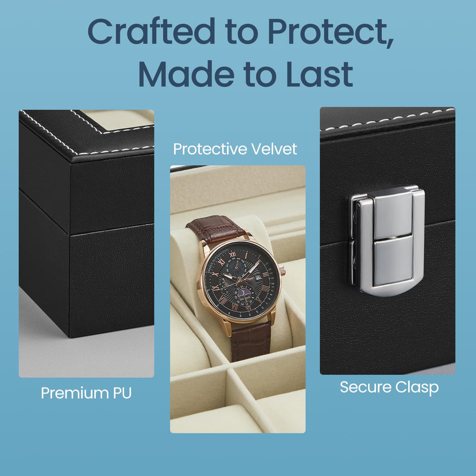 Watch Box Organizer – MDF and Glass – Black – 10-Slot with Removable Pillows and Lockable Design