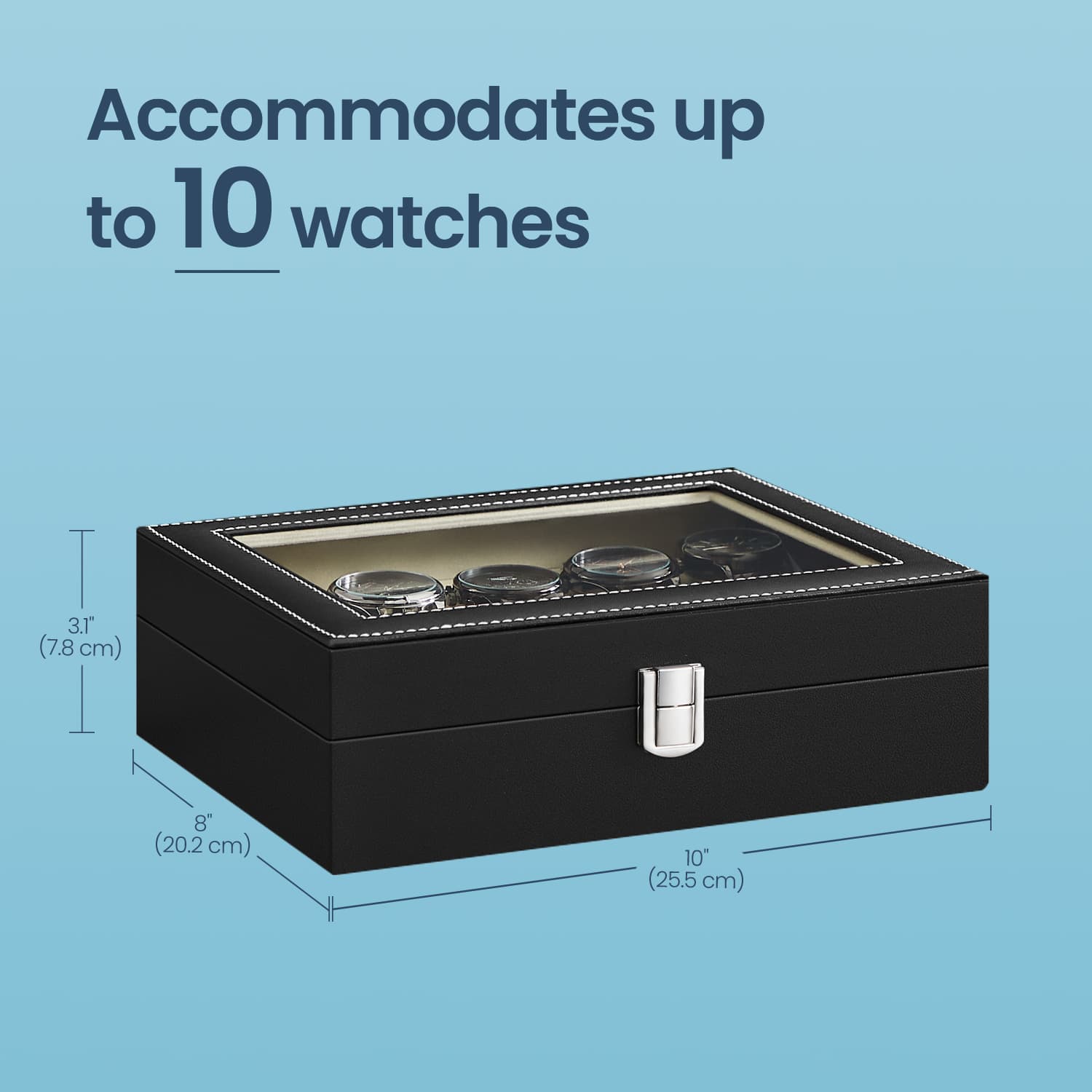 Watch Box Organizer – MDF and Glass – Black – 10-Slot with Removable Pillows and Lockable Design