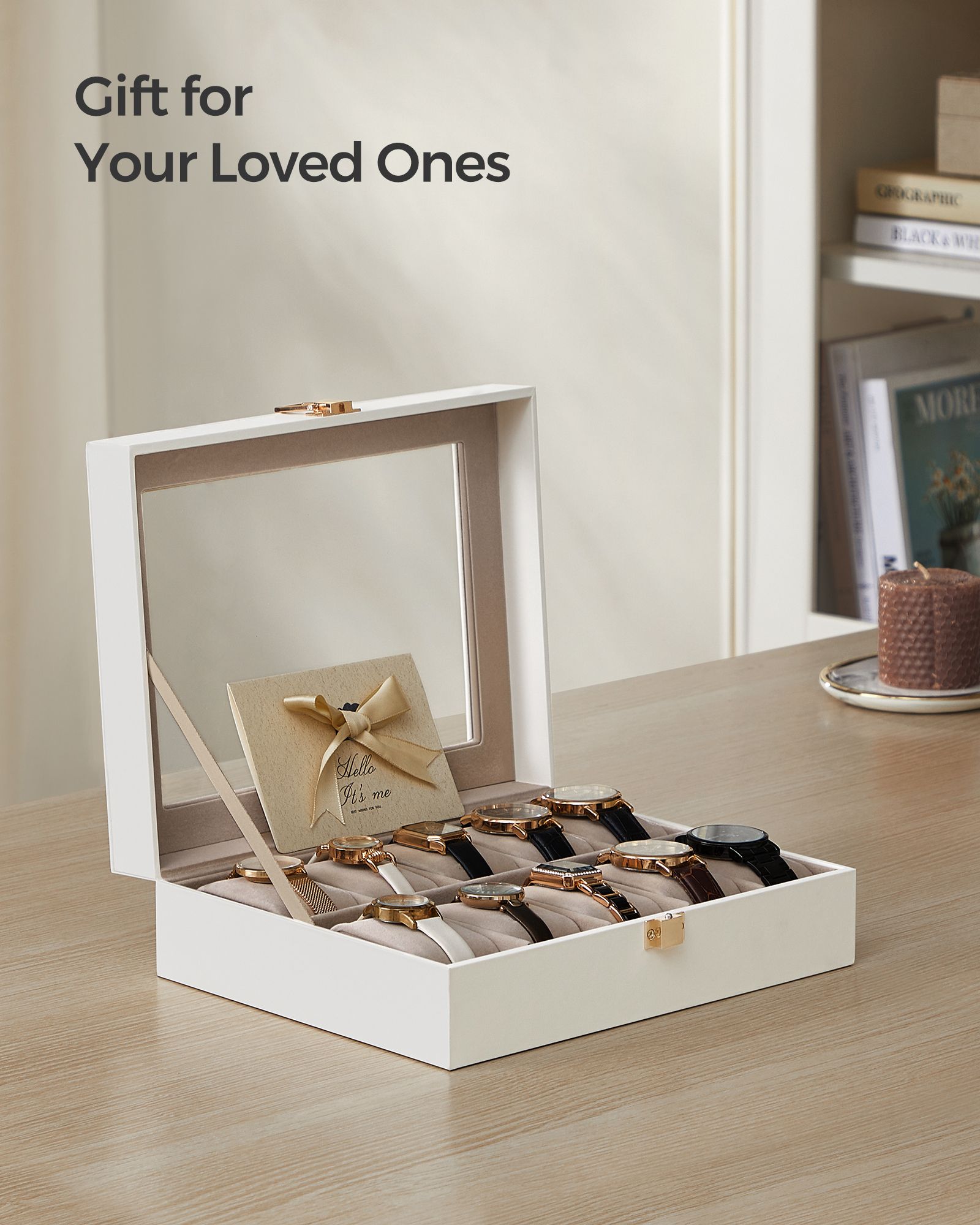 Watch Box – Wood – Black – Lockable with Glass Lid and 10 Slots