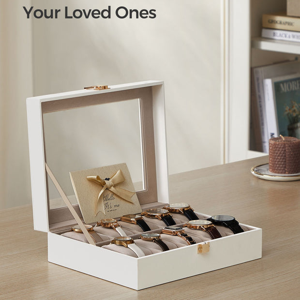 Watch Box – Wood – Black – Lockable with Glass Lid and 10 Slots