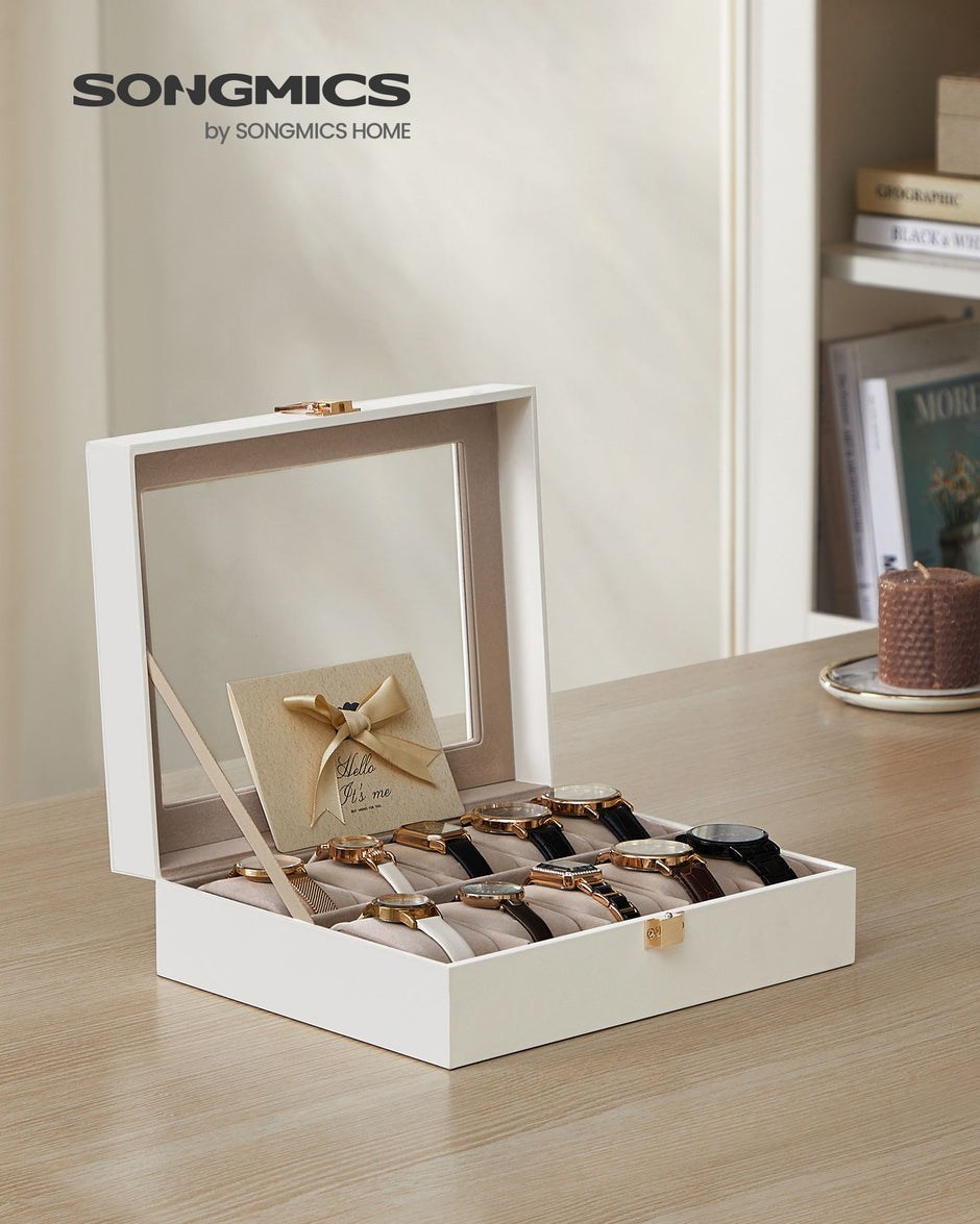 Watch Box – Wood – Black – Lockable with Glass Lid and 10 Slots