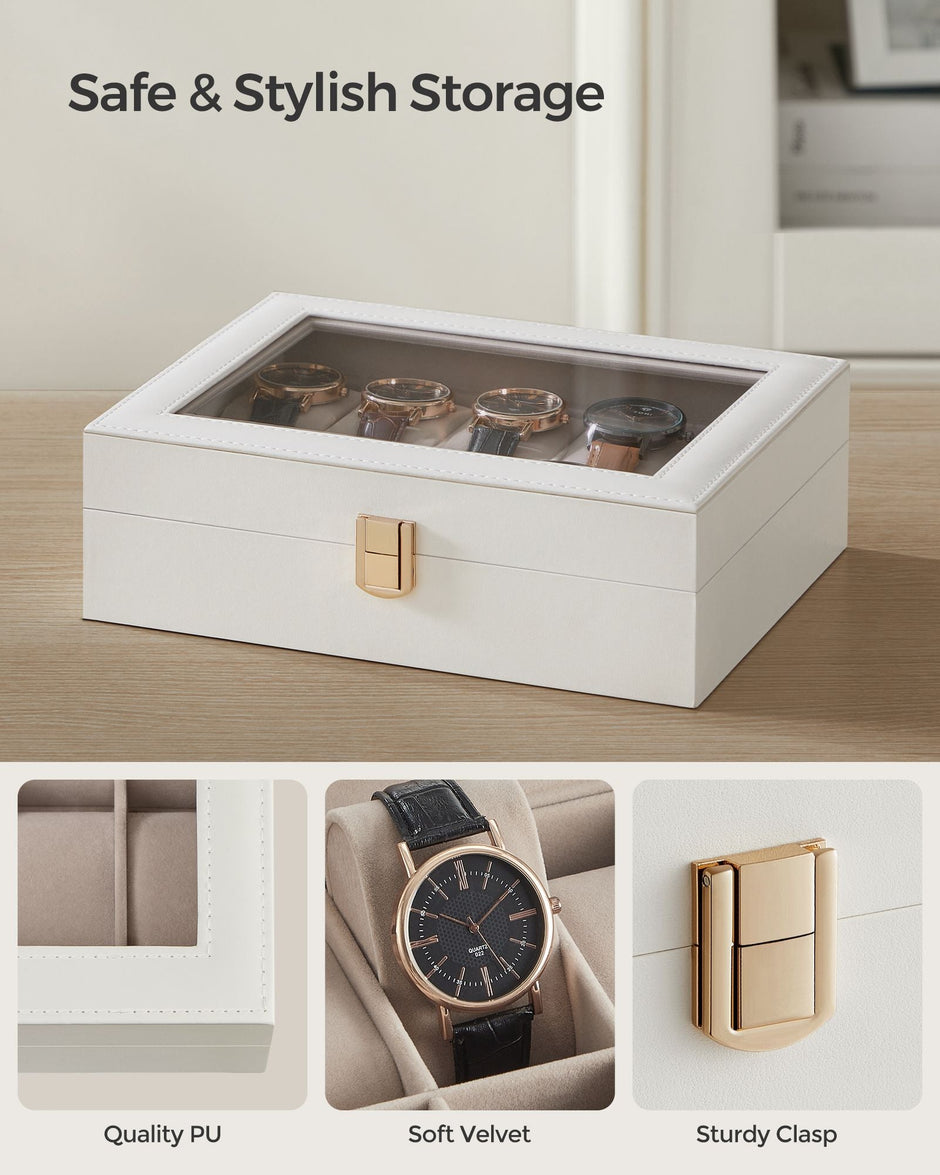 Watch Box – Wood – Black – Lockable with Glass Lid and 10 Slots