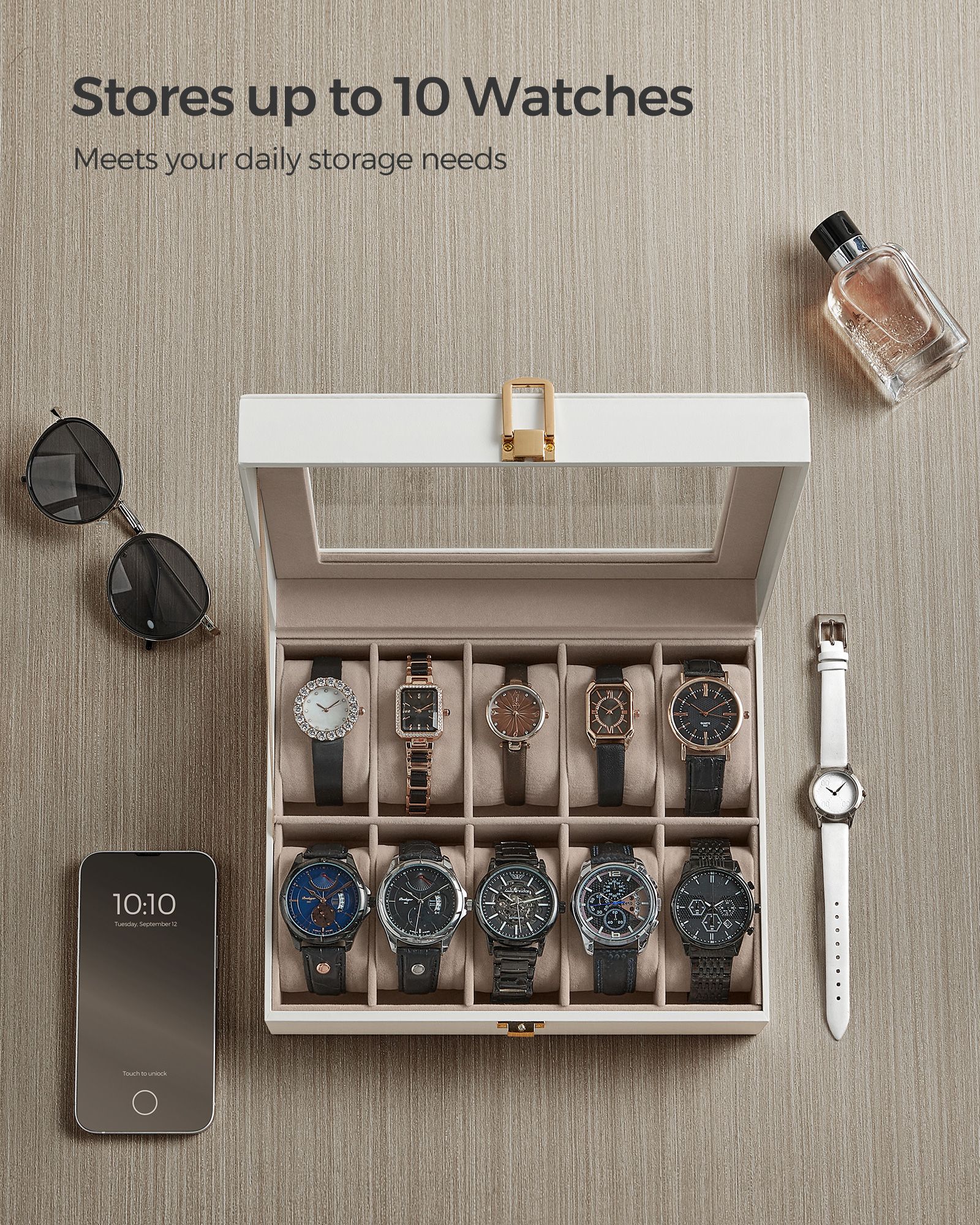 Watch Box – Wood – Black – Lockable with Glass Lid and 10 Slots