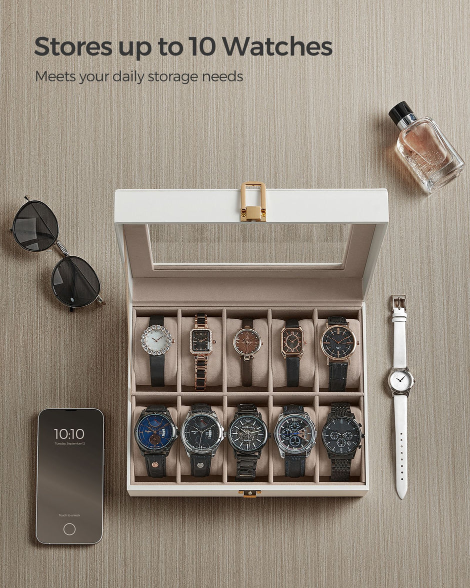 Watch Box – Wood – Black – Lockable with Glass Lid and 10 Slots