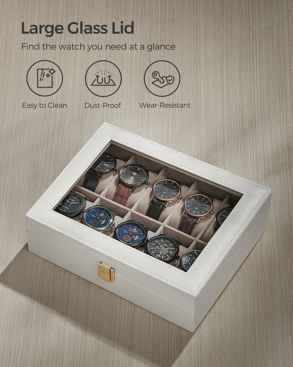 Watch Box – Wood – Black – Lockable with Glass Lid and 10 Slots