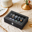 Watch Box – Synthetic Leather – Brown/Black/Wine Red – 12 Slots with Glass Lid and Drawer