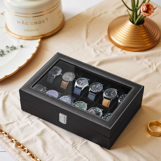 Watch Box – Synthetic Leather – Brown/Black/Wine Red – 12 Slots with Glass Lid and Drawer