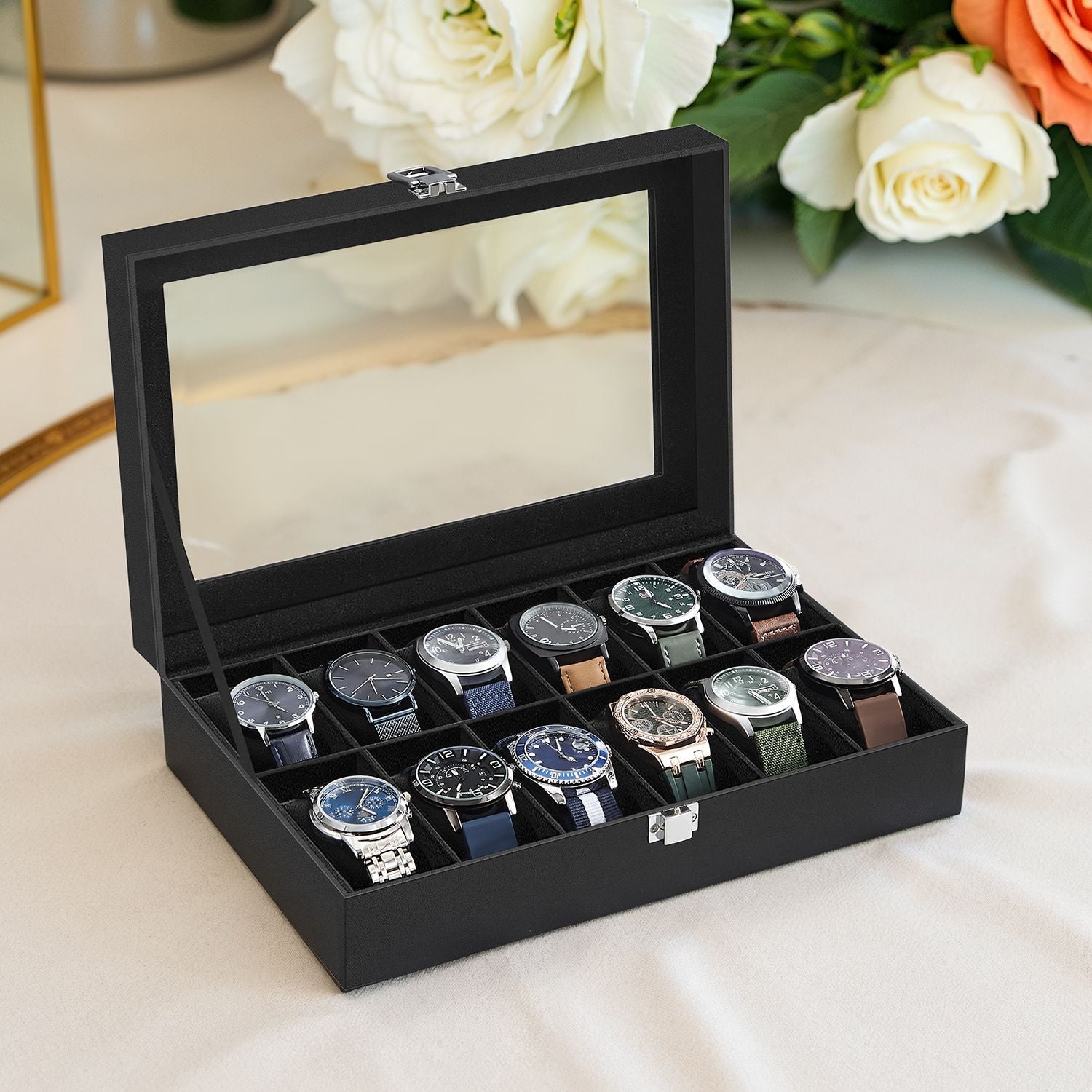 Watch Box – Synthetic Leather – Brown/Black/Wine Red – 12 Slots with Glass Lid and Drawer