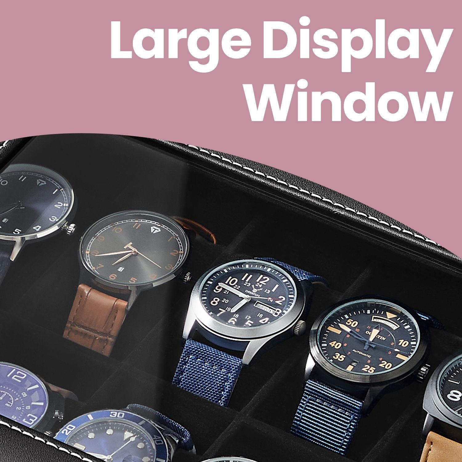 Watch Box – Synthetic Leather – Brown/Black/Wine Red – 12 Slots with Glass Lid and Drawer