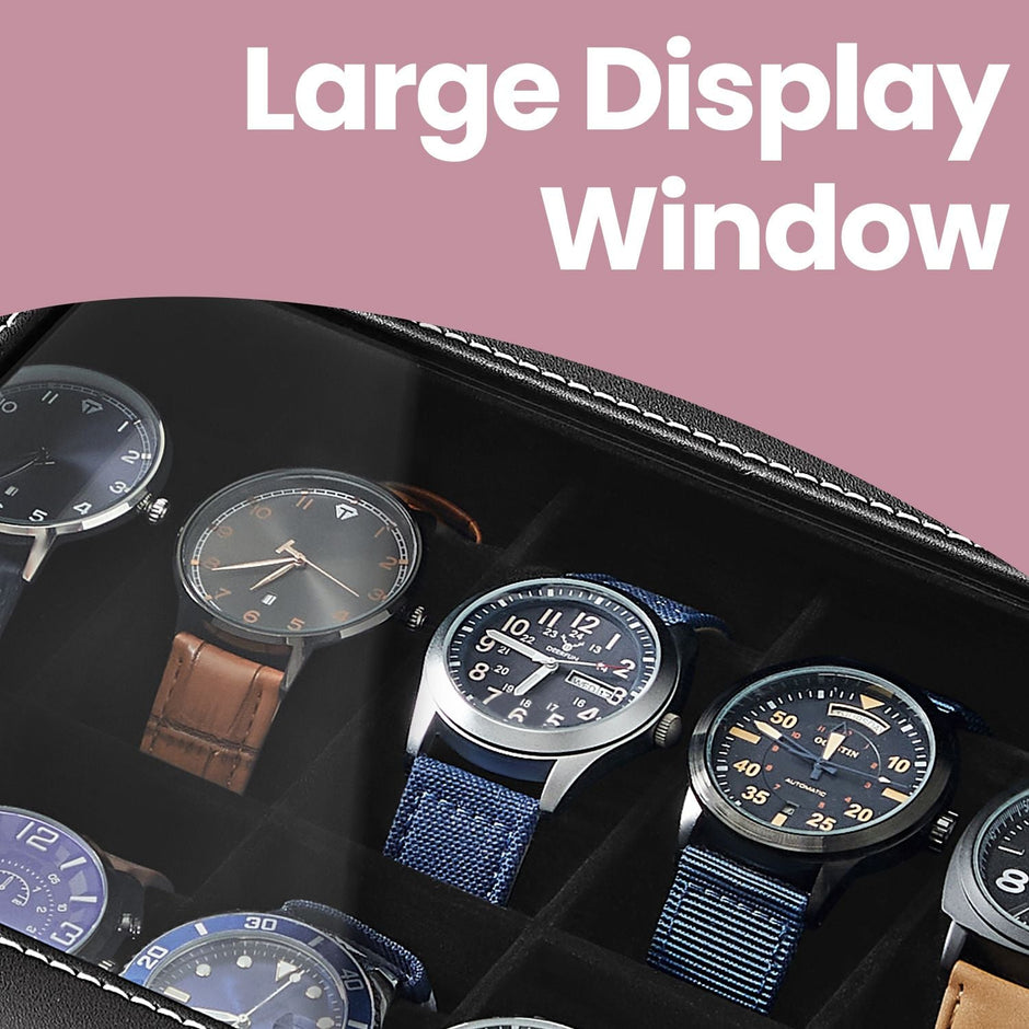 Watch Box – Synthetic Leather – Brown/Black/Wine Red – 12 Slots with Glass Lid and Drawer