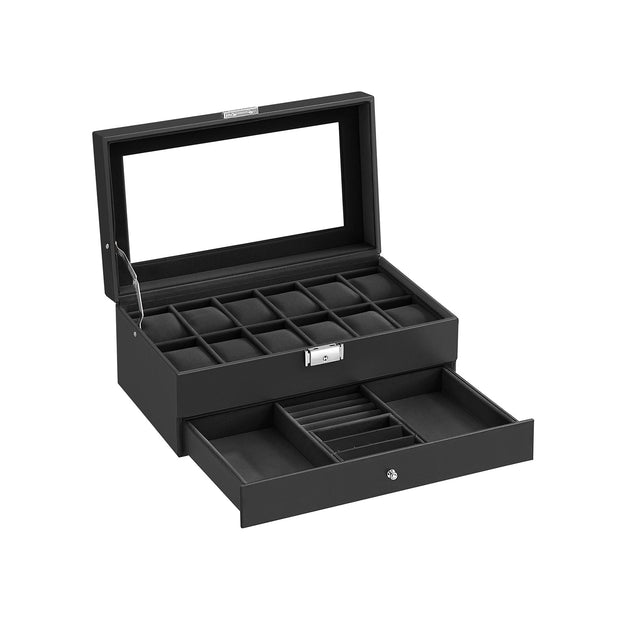 Watch Box – Wood – Black – Two Layers with Glass Lid and Bracelet Tray